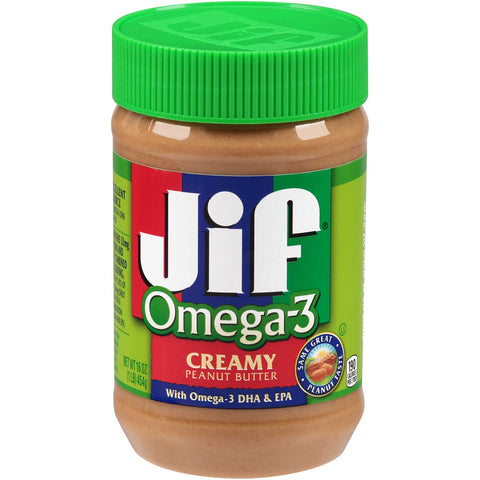 JIF Omega 3 Creamy Peanut Butter, 16 Ounce -- 12 per case.